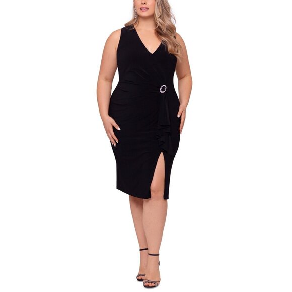 139$ Betsy & Adam V-Neck Waterfall Embellished Mini Dress Plus Size 18W Black
